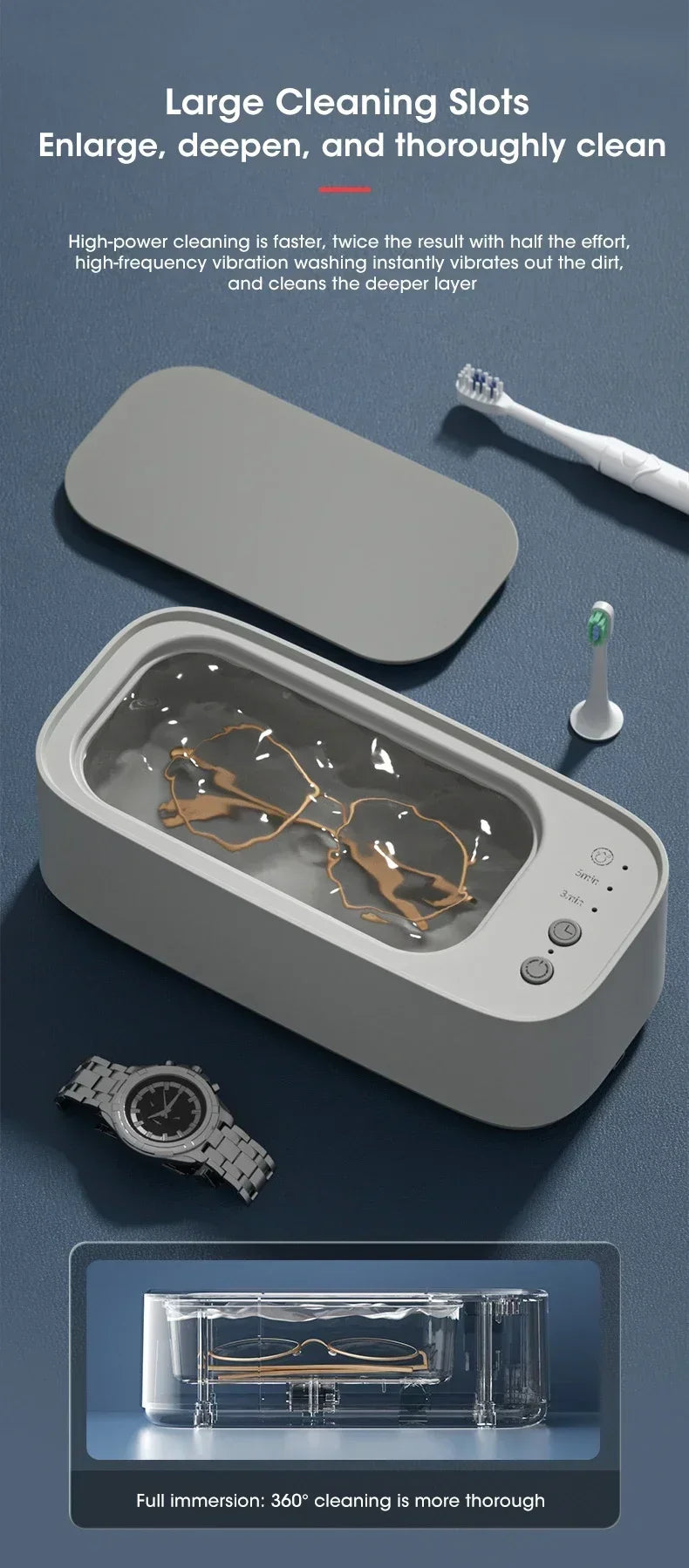 Mini Ultrasonic Jewelry and Glasses Cleaning Tool: 3-Speed Smart Timing with High-Frequency Vibration